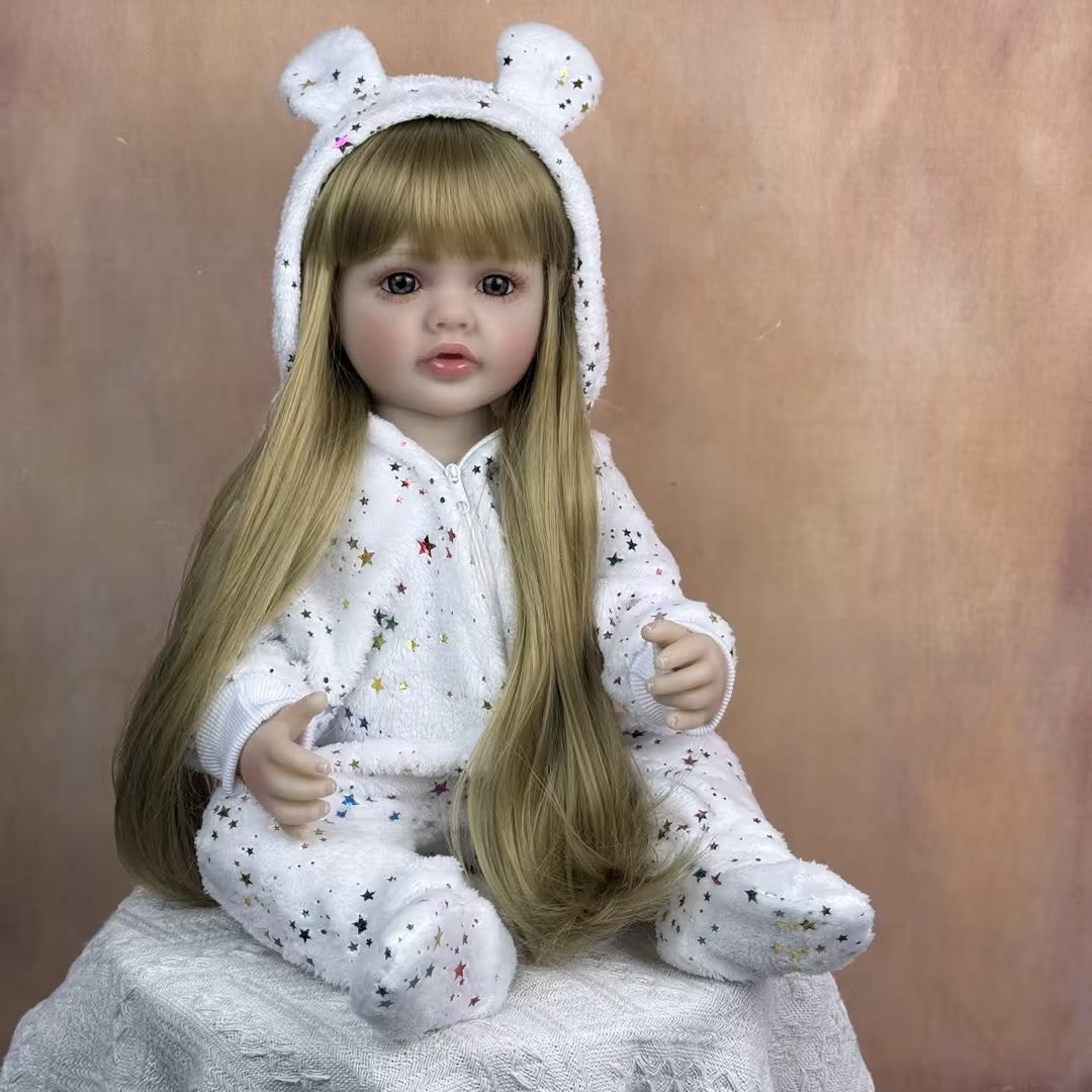 55cm Open Eyes Long Blonde Hair Betty Reborn Baby Girl In Star Jumpsuit
