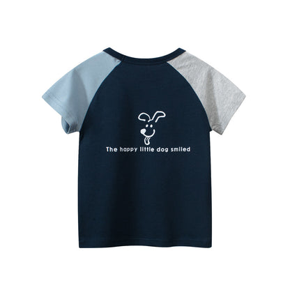 Color Block Crew Neck T-Shirt With Puppy Letter Print