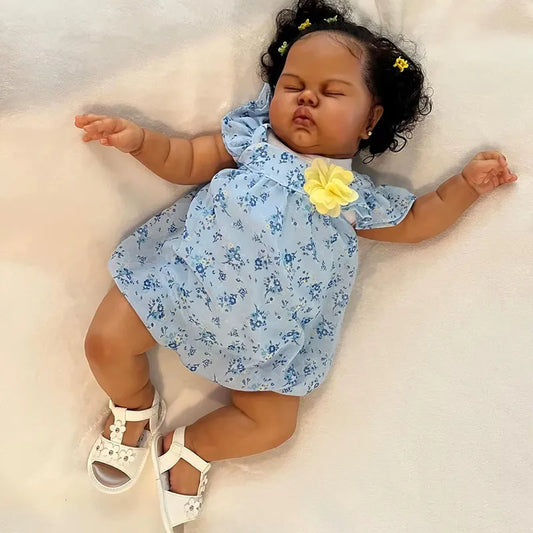 60cm Closed Eyes Dark Skin Cuddly Reborn Baby Girl In Floral Dress-Pickle