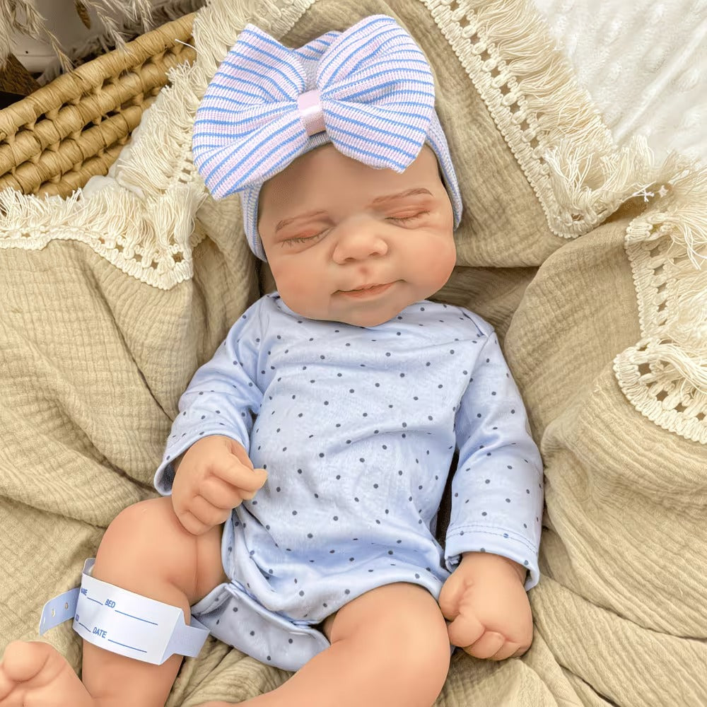 45cm Full Silicone Stretchable Asleep Pascale Reborn Girl in Blue Polk Dot Outfits