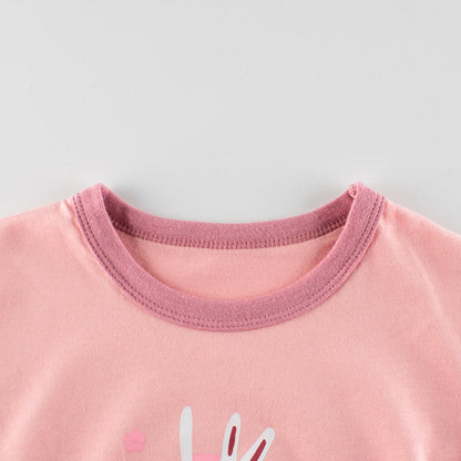 Cartoon Rabbit Pink Round Collar Short Sleeve T-Shirt