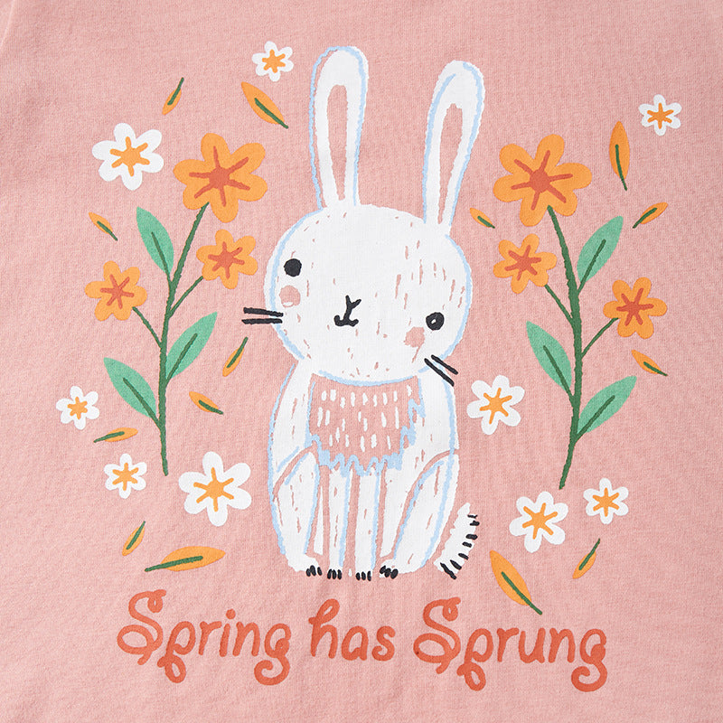 Girls' Short Sleeve T-Shirt with Round Neck and Cute Rabbit