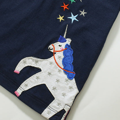 Short-sleeved T-shirt with high neck and unicorn embroidery in cotton