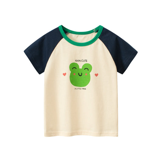 Cartoon Frog Color Block Crew Neck Short Sleeve T-Shirt