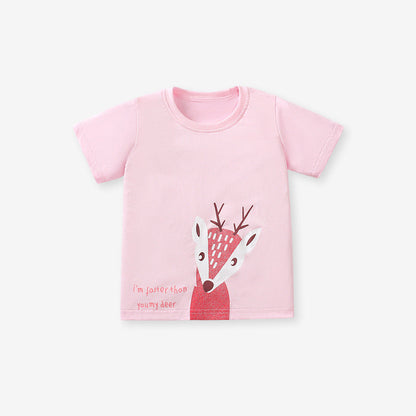 Girls' T-shirt Cotton Short Sleeve Crew Neck Cartoon Deer