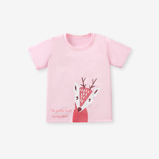 Girls' T-shirt Cotton Short Sleeve Crew Neck Cartoon Deer