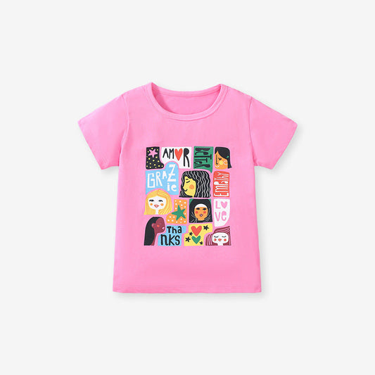 Girls' Short Sleeve Cotton Cartoon Printed T-Shirt