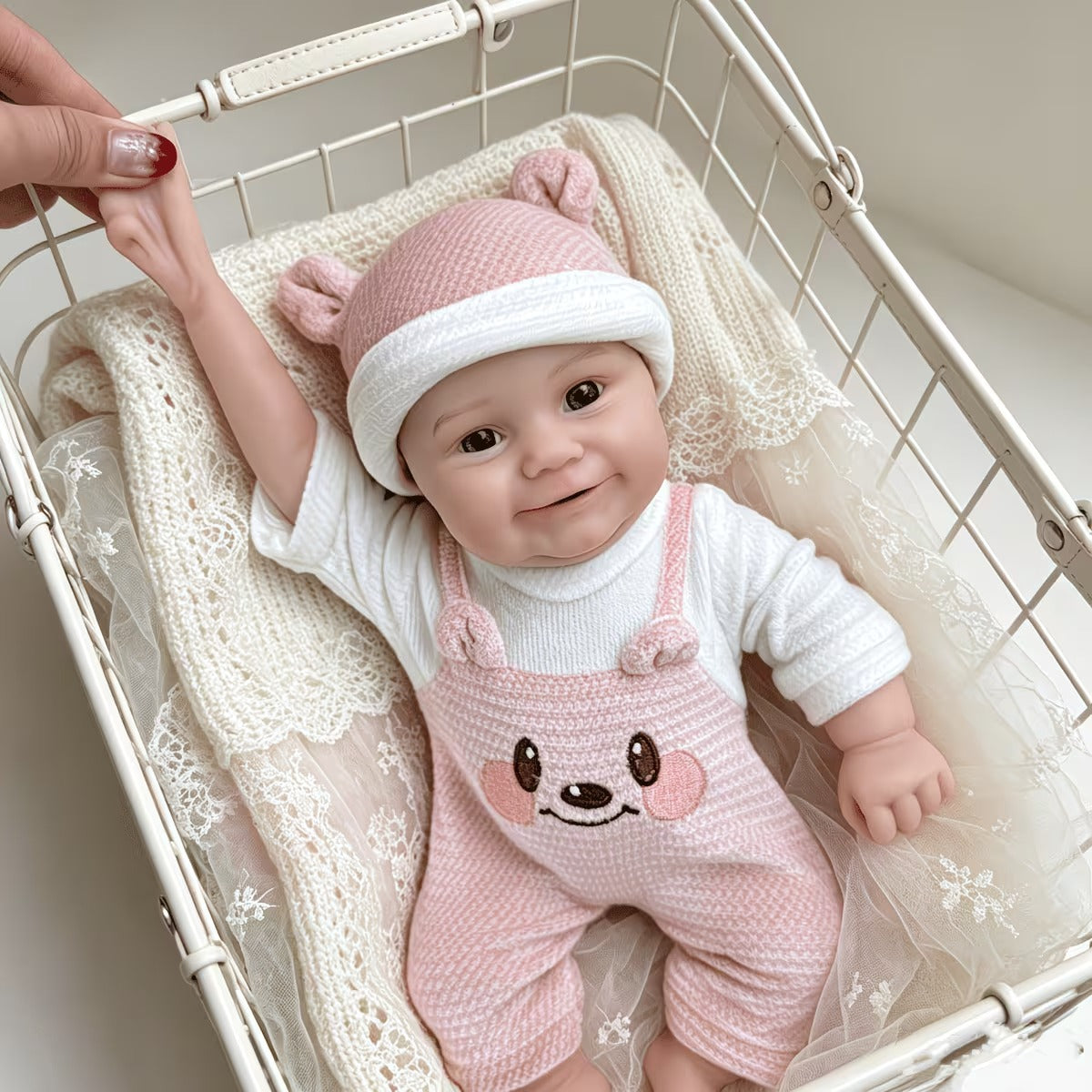 30cm Full Silicone Maddie Smile Reborn Baby Girl in Pink Bear Outfits