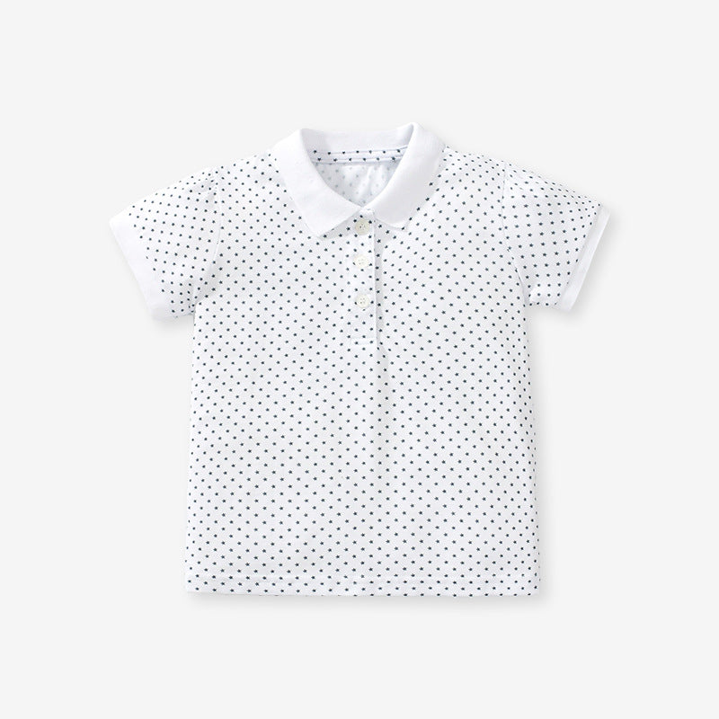 Girls' short-sleeved cotton polo with strawberry polka dots