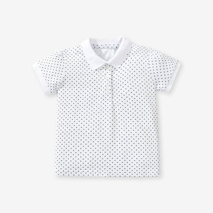 Girls' short-sleeved cotton polo with strawberry polka dots