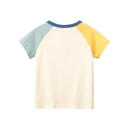 Cartoon Dinosaur Color Block Short Sleeve T-Shirt