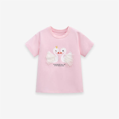Kids Short Sleeve T-Shirt with Round Neck Printed Cute Pink Swan