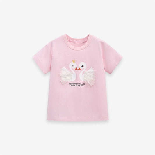Kids Short Sleeve T-Shirt with Round Neck Printed Cute Pink Swan