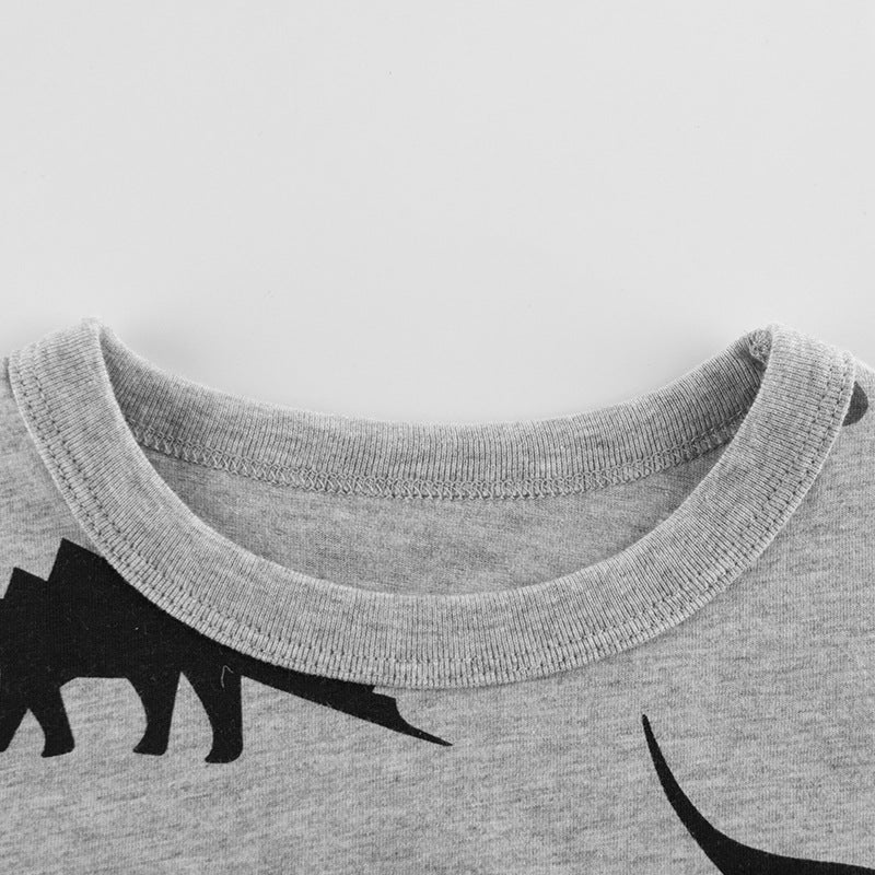 Gray Cartoon Dinosaur Print Round Neck Short Sleeve T-Shirt