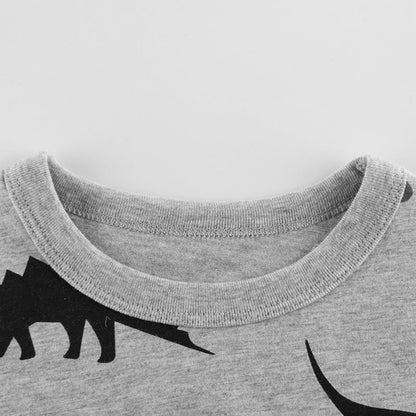 Gray Cartoon Dinosaur Print Round Neck Short Sleeve T-Shirt