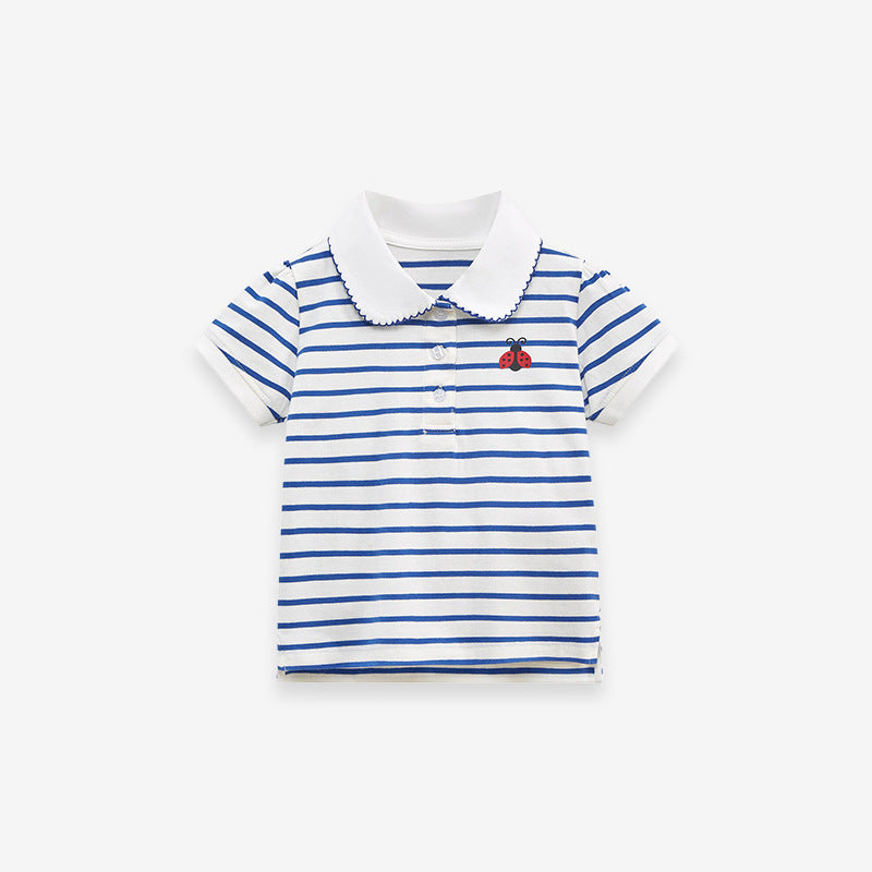 Girls' Short Sleeve Striped T-Shirt with Lace Collar