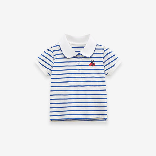 Girls' Short Sleeve Striped T-Shirt with Lace Collar