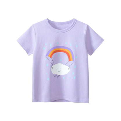 Cartoon Rainbow Clouds Round Neck Short Sleeve T-Shirt