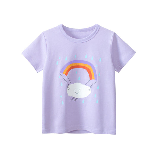 Cartoon Rainbow Clouds Round Neck Short Sleeve T-Shirt