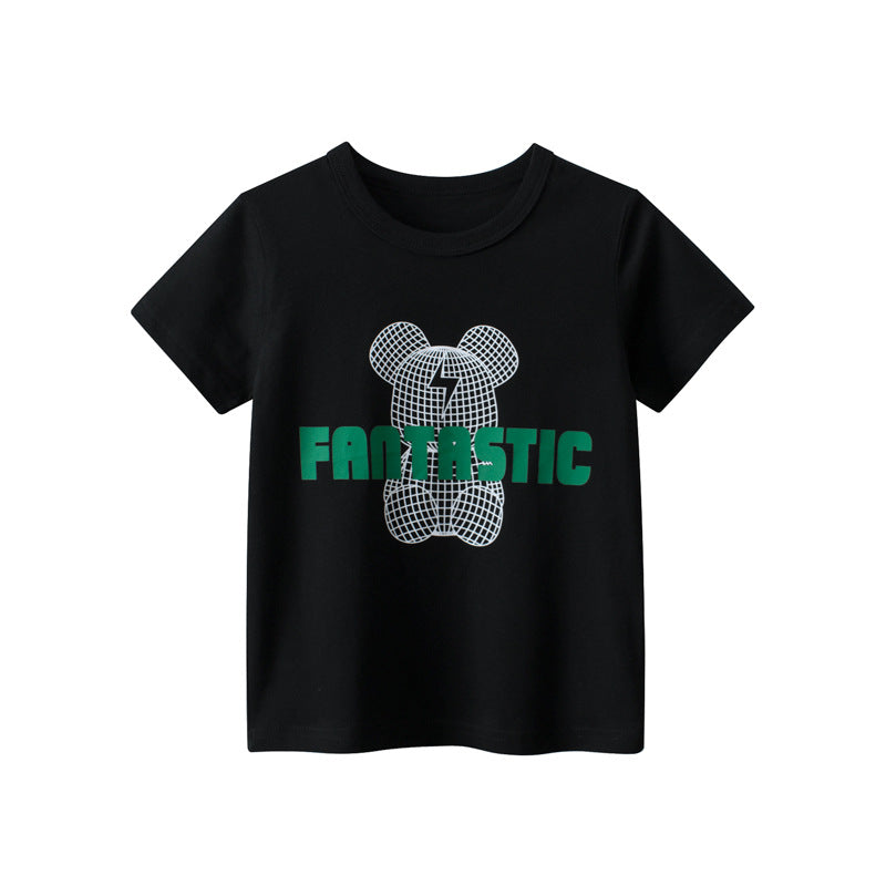 Solid color bear letter print round neck short sleeve T-shirt