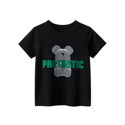 Solid color bear letter print round neck short sleeve T-shirt