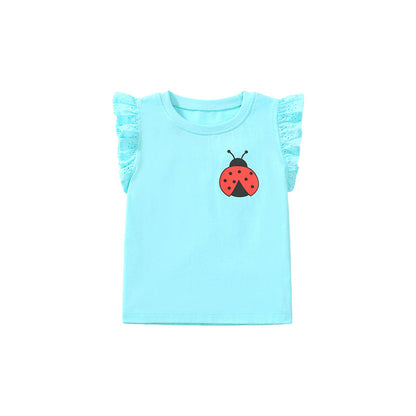 Girls' T-shirt Cotton Round Neck Short Sleeve Cartoon Insect
