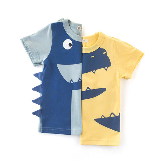 Cartoon Dinosaur Pattern Round Neck Short Sleeve T-Shirt
