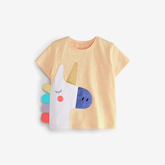 Girls' T-shirt, round neck short sleeve, sweat-absorbent cartoon cotton