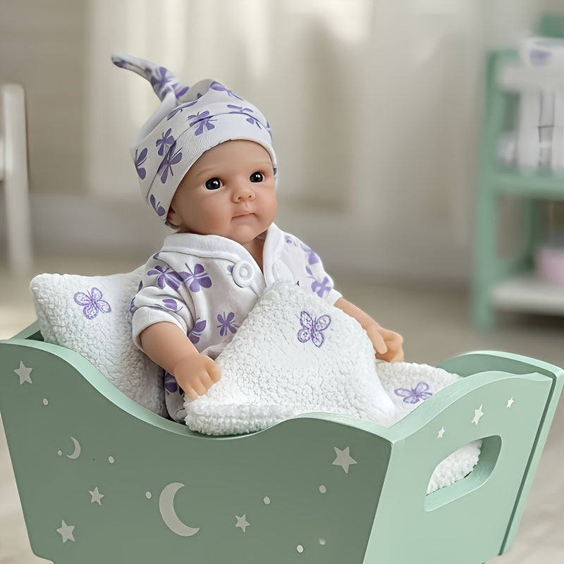 20cm Open Eyes Silicone Mini Bettie Reborn Baby Girl In Purple Floral Jumpsuits