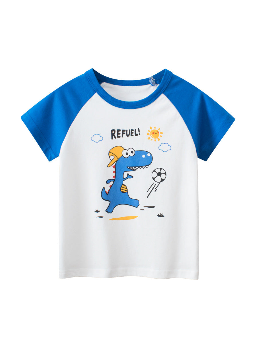 Cartoon Dinosaur Color Block Short Sleeve T-Shirt