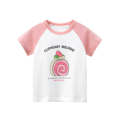 Short sleeve T-shirt combined with round neck with cake flowers