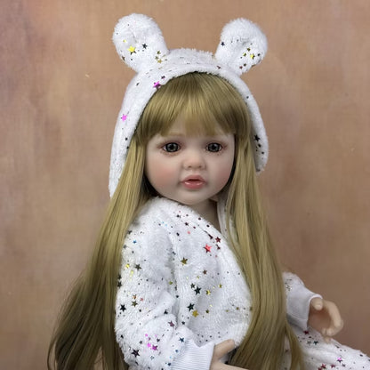 55cm Open Eyes Long Blonde Hair Betty Reborn Baby Girl In Star Jumpsuit
