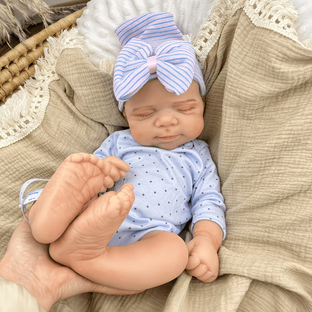 45cm Full Silicone Stretchable Asleep Pascale Reborn Girl in Blue Polk Dot Outfits