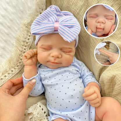 45cm Full Silicone Stretchable Asleep Pascale Reborn Girl in Blue Polk Dot Outfits