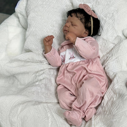48cm Lifelike Soft Body Dark Skin Sleeping Reborn Doll Pascale In Pink Clothes