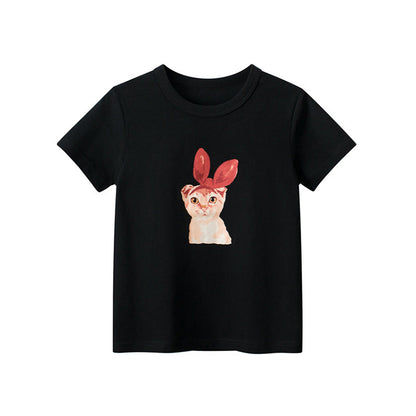 Black Kitten Crew Neck Short Sleeve T-Shirt