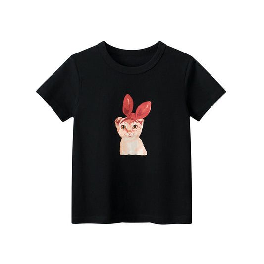Black Kitten Crew Neck Short Sleeve T-Shirt