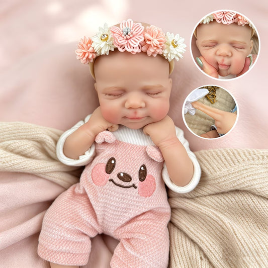 30cm Full Silicone Asleep Pascale Reborn Doll Girl In Pink Bear Outfits