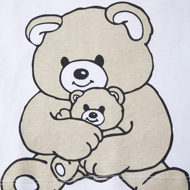 Girls' Cotton Round Neck Short Sleeve T-shirt with Cartoon Bear