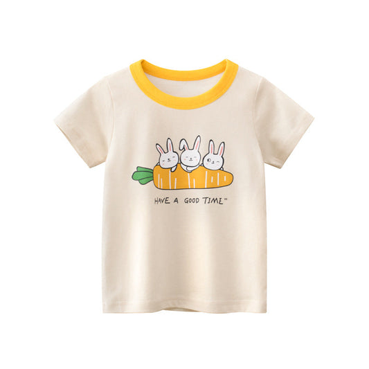 Cartoon Rabbit Carrot Round Neck Short Sleeve T-Shirt