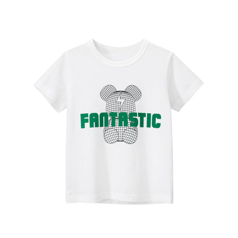 Solid color bear letter print round neck short sleeve T-shirt