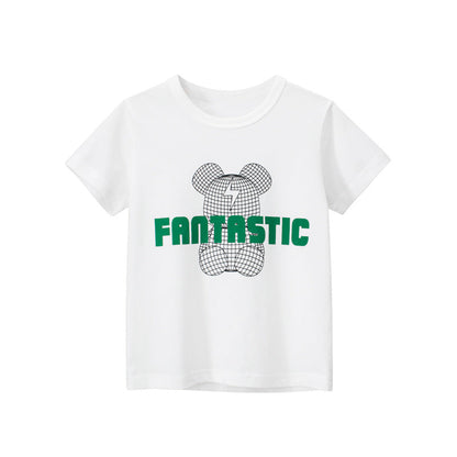 Solid color bear letter print round neck short sleeve T-shirt
