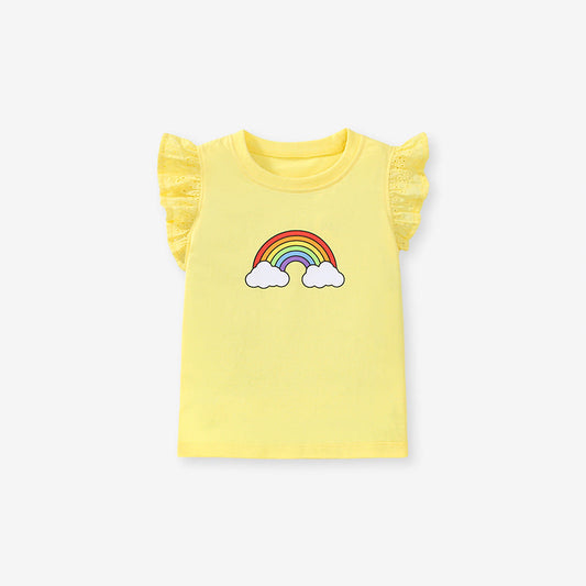 Girls' Rainbow Short Sleeve T-Shirt with Flying Sleeves