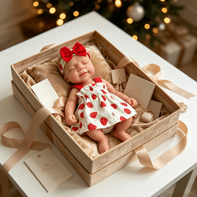 30cm Soft Full Silicone Closed Eyes Pascale Reborn Baby Girl in Strawberry Dress
