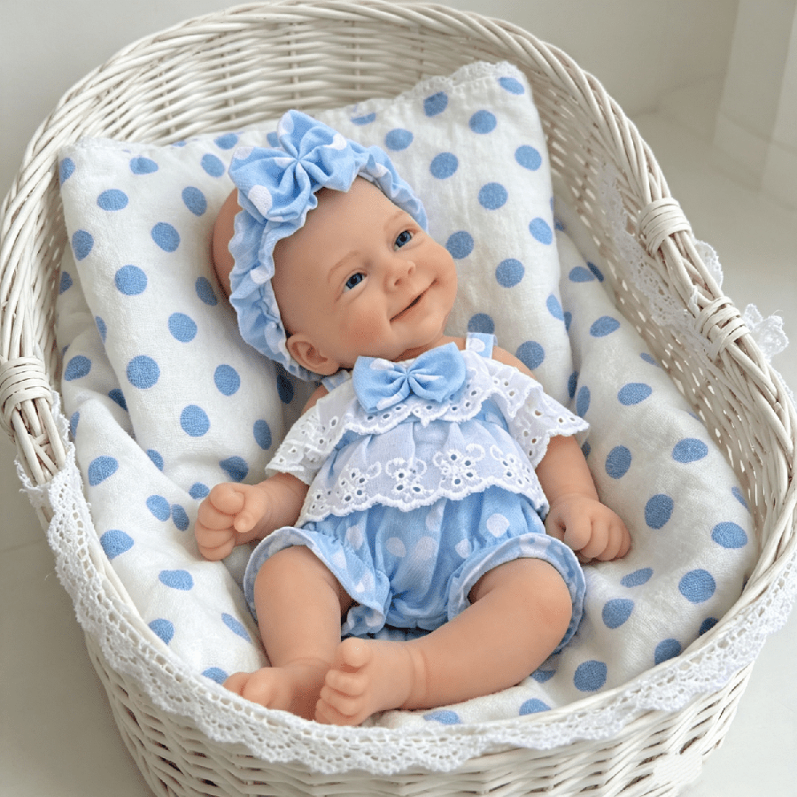 30cm Open Eyes Smile Sebastian Silicone Reborn Baby Girl in Blue Polk Dot Bodysuits