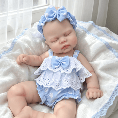 30cm Lifelike Silicone Pickle Reborn Doll Girl In Blue Polk Dot Outfits