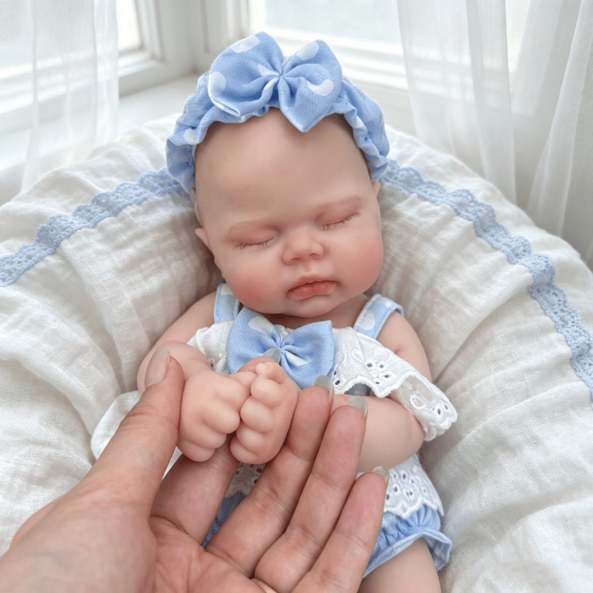 30cm Lifelike Silicone Pickle Reborn Doll Girl In Blue Polk Dot Outfits