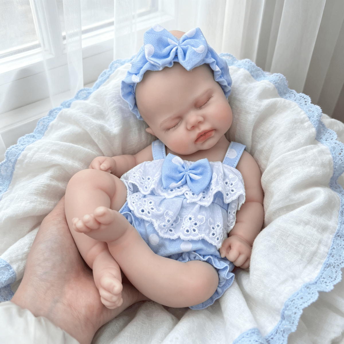 30cm Lifelike Silicone Pickle Reborn Doll Girl In Blue Polk Dot Outfits