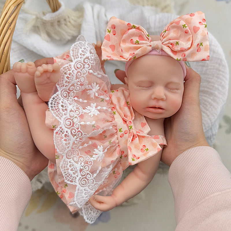 30cm Full Silicone Closed Eyes Loulou Reborn Baby Girl in Lace Cherry Dress