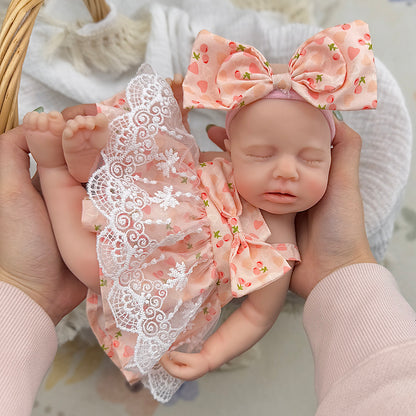 30cm Full Silicone Closed Eyes Loulou Reborn Baby Girl in Lace Cherry Dress